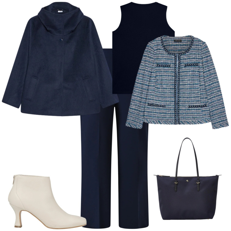 Outfit donna - Trendy ufficio week end. Stile Trendy per Ufficio. Abbinamento con stivaletti, pantaloni a palazzo, canottiere, borse tote, blazer, caban.