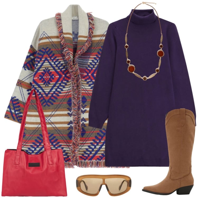 Outfit donna - Total look #2331559. Stile Casual per Tutti i giorni. Abbinamento con stivali, occhiali da sole, vestiti corti, cappotti, shopping bag, collane.