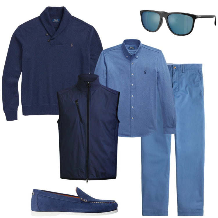 Outfit uomo - Trendy ufficio week end. Stile Trendy per Ufficio. Abbinamento con pullovers, occhiali da sole, piumini, scarpe stringate, camicie, pantaloni chino.