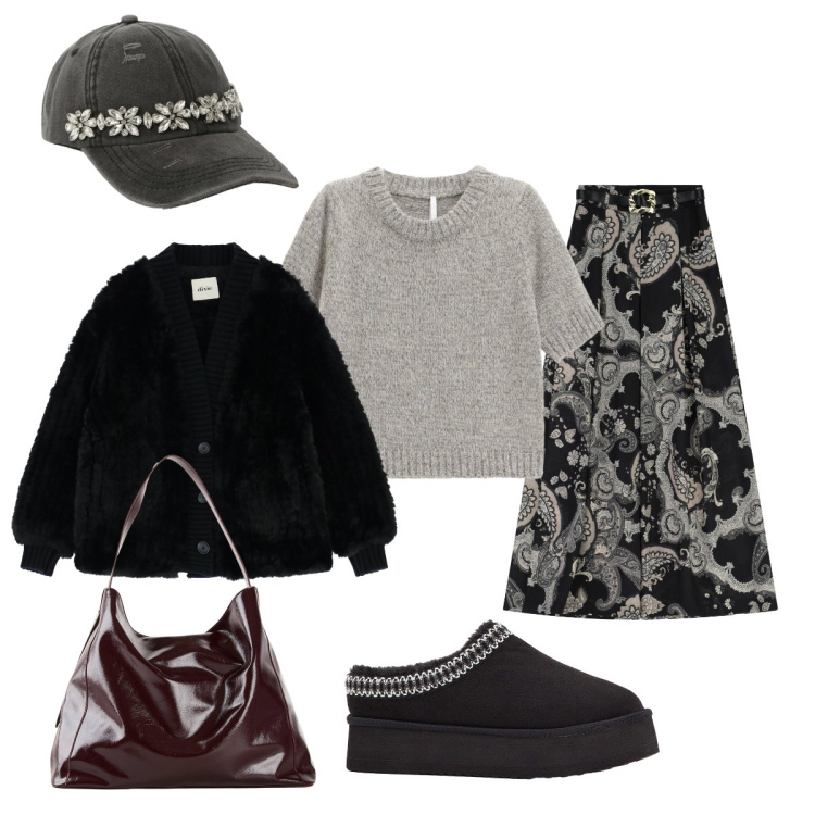 Outfit donna - Il berretto con gli strass. Stile Glamour per Tutti i giorni. Abbinamento con shopping bag, stivaletti, maglieria, gonne lunghe, cappelli, blazer.