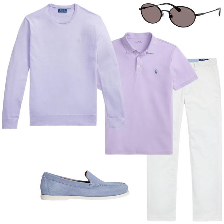 Outfit uomo - Trendy per ufficio week end. Stile Trendy per Ufficio. Abbinamento con pantaloni, occhiali da sole, maglieria, scarpe stringate, polo.