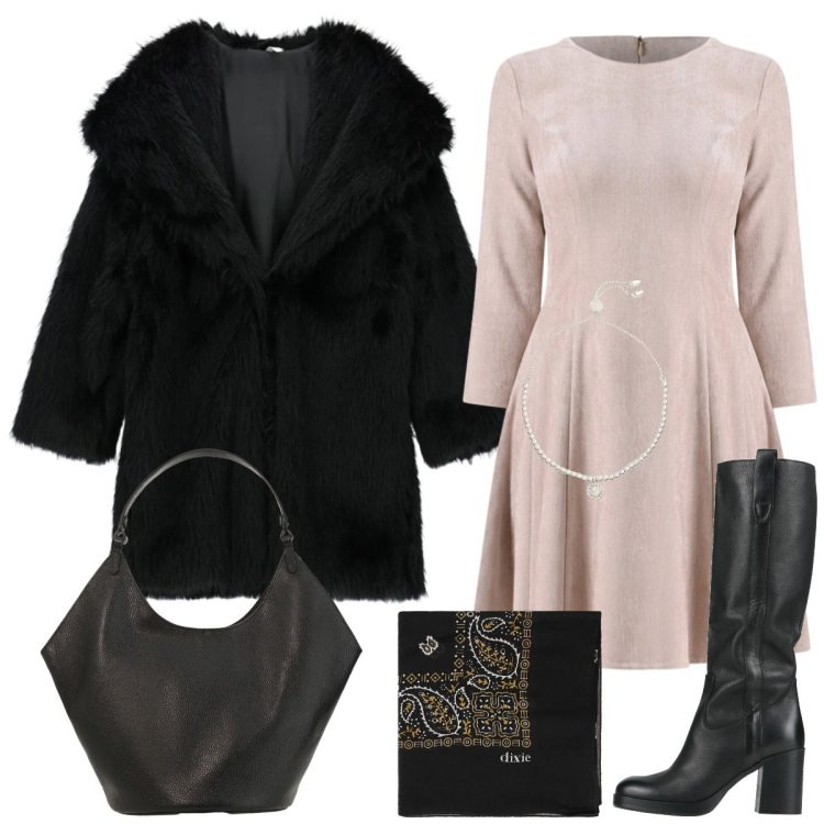 Outfit donna - Total look #2331566. Stile Casual chic per Tutti i giorni. Abbinamento con stivali, cappotti, borse a spalla, foulard, vestiti corti, braccialetti.