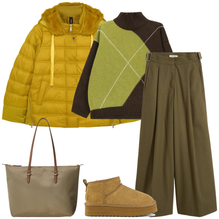 Outfit donna - Total look #2331570. Stile Casual chic per Tutti i giorni. Abbinamento con pantaloni, maglieria, borse tote, stivaletti, piumini.