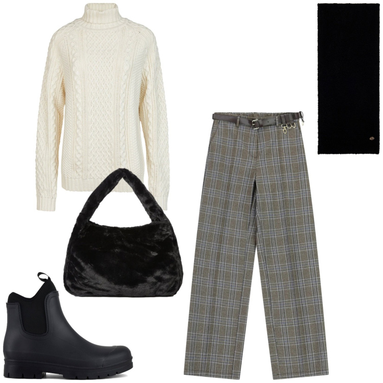 Outfit donna - Total look #2331571. Stile Casual chic per Tutti i giorni. Abbinamento con pantaloni a palazzo, sciarpe, maglieria, stivali, borse a spalla.