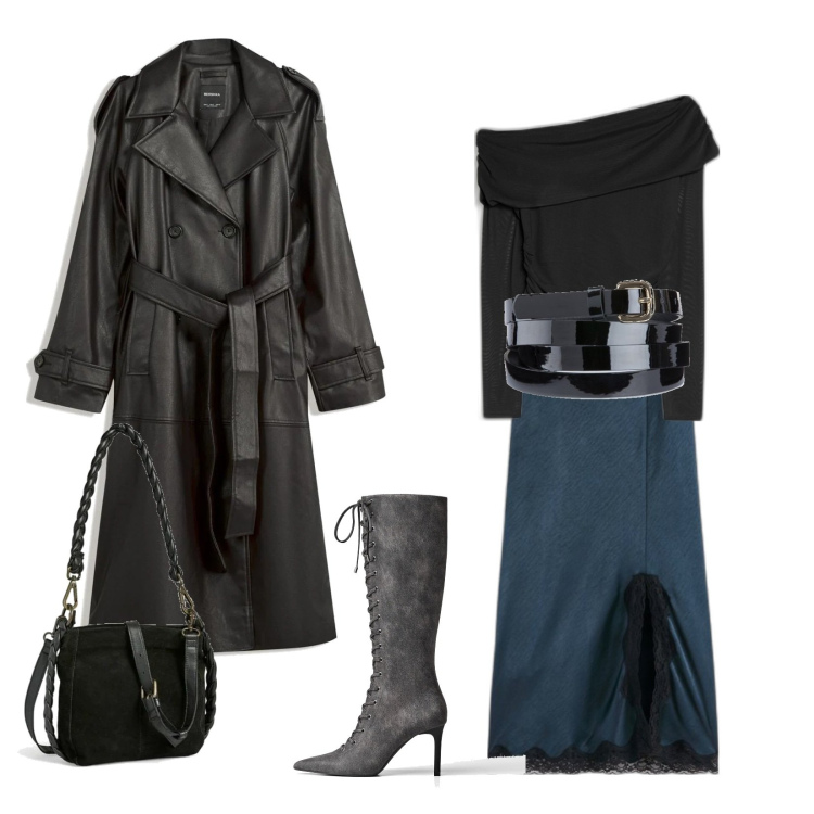 Outfit mujer - Sexy Valentines. Estilo Glamour para Noche/Fiesta elegante. Combinación con cinturones, faldas largas, bandoleras, trench, camiseta, botas.