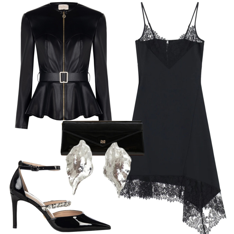Outfit donna - Dettagli in pizzo per la sera. Stile Sexy per Serata fuori. Abbinamento con vestiti asimmetrici, orecchini, giacche, décolleté, pochette.