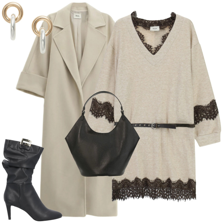 Outfit donna - Toni neutri dettagli preziosi. Stile Minimal per Tutti i giorni. Abbinamento con stivali, vestiti corti, borse a spalla, cappotti, orecchini.