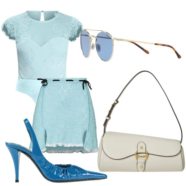 Outfit donna - Un outfit per San Valentino. Stile Bon Ton per Tutti i giorni. Abbinamento con minigonne, décolleté, top, occhiali da sole, borse a spalla.