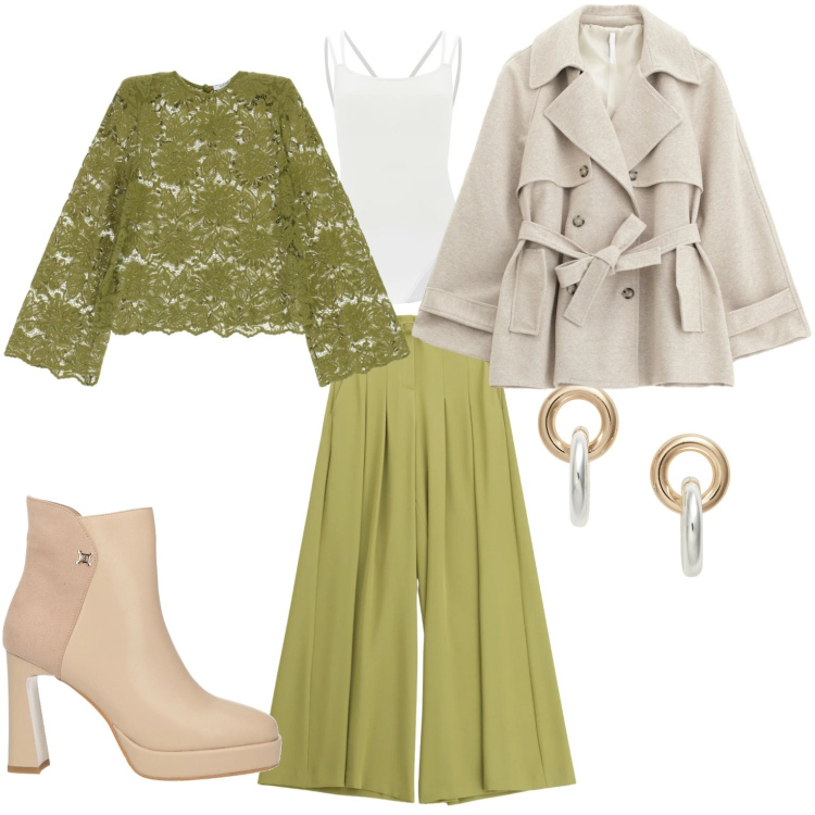 Outfit donna - Aspettando la primavera. Stile Casual Abbinamento con stivaletti, trench, pantaloni a palazzo, maglieria, body, orecchini.