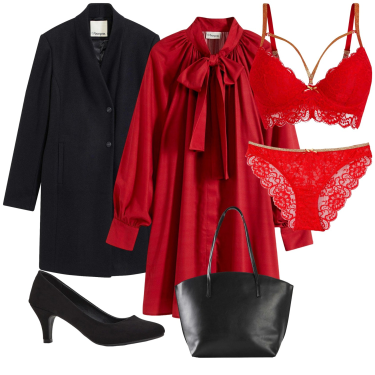 Outfit donna - Furbetta. Stile Glamour per Serata fuori. Abbinamento con culotte, reggiseni, vestiti, décolleté, shopping bag, cappotti.