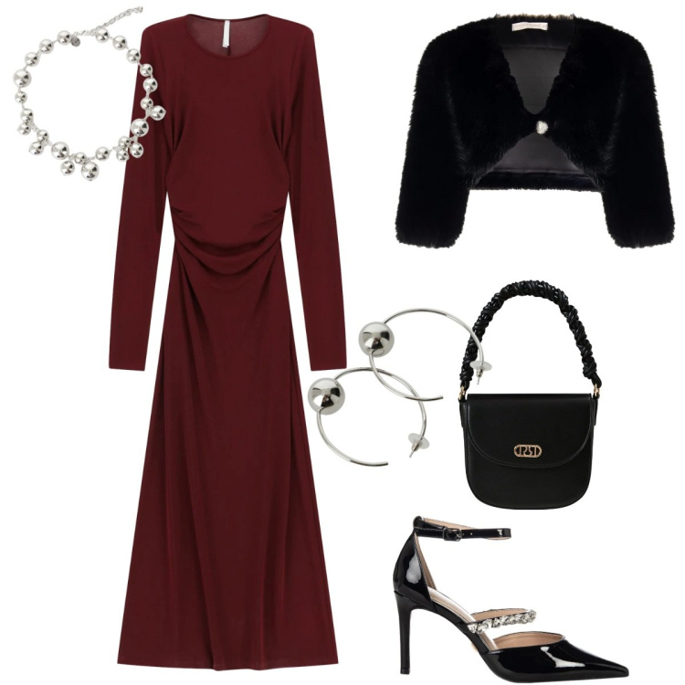 Outfit donna - San Valentino curvy mood. Stile Chic per Serata fuori. Abbinamento con vestiti lunghi, orecchini, collane, borse a mano, décolleté, bolero.