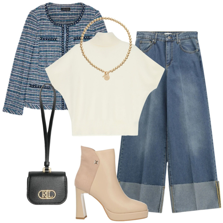 Outfit donna - La giacca chanel. Stile Chic per Tutti i giorni. Abbinamento con stivaletti, maglieria, jeans, collane, pochette, blazer.