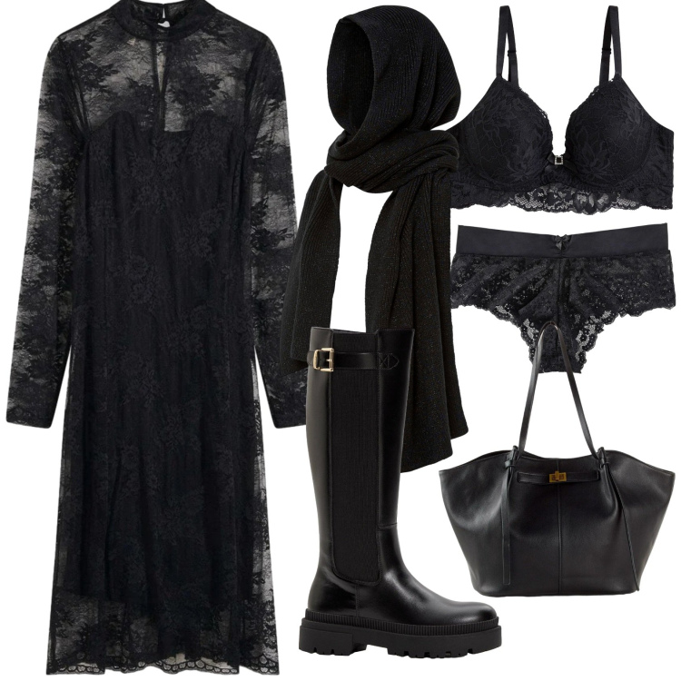 Outfit donna - Regina della notte. Stile Rock per Serata fuori. Abbinamento con vestiti, reggiseni, culotte, sciarpe, stivali, shopping bag.