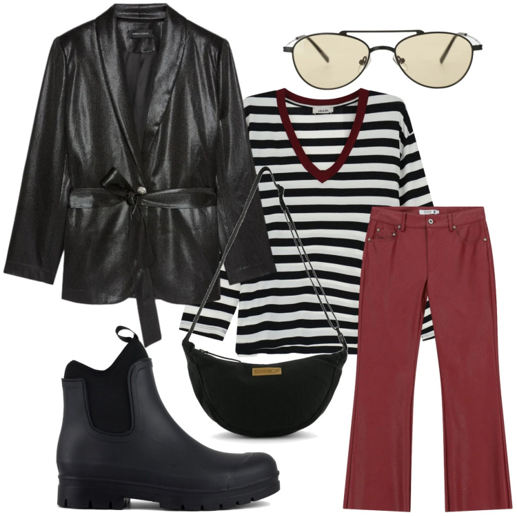 Outfit donna - Righe invernali. Stile Minimal per Ufficio. Abbinamento con occhiali da sole, maglieria, pantaloni, stivali, borse a tracolla, blazer.