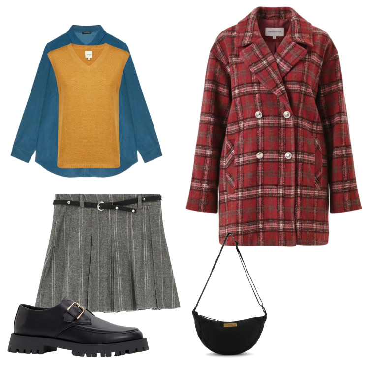 Outfit donna - British College Twist. Stile Preppy per Tutti i giorni. Abbinamento con mocassini, gonne, cappotti, maglieria, borse a tracolla, camicie.