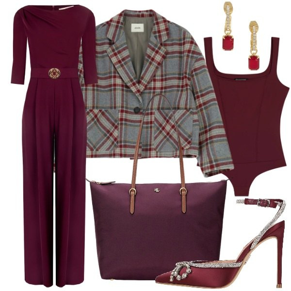 Outfit donna - Rosso Borgogna. Stile Romantica per Serata fuori. Abbinamento con décolleté, blazer, tute, body, orecchini, borse tote.