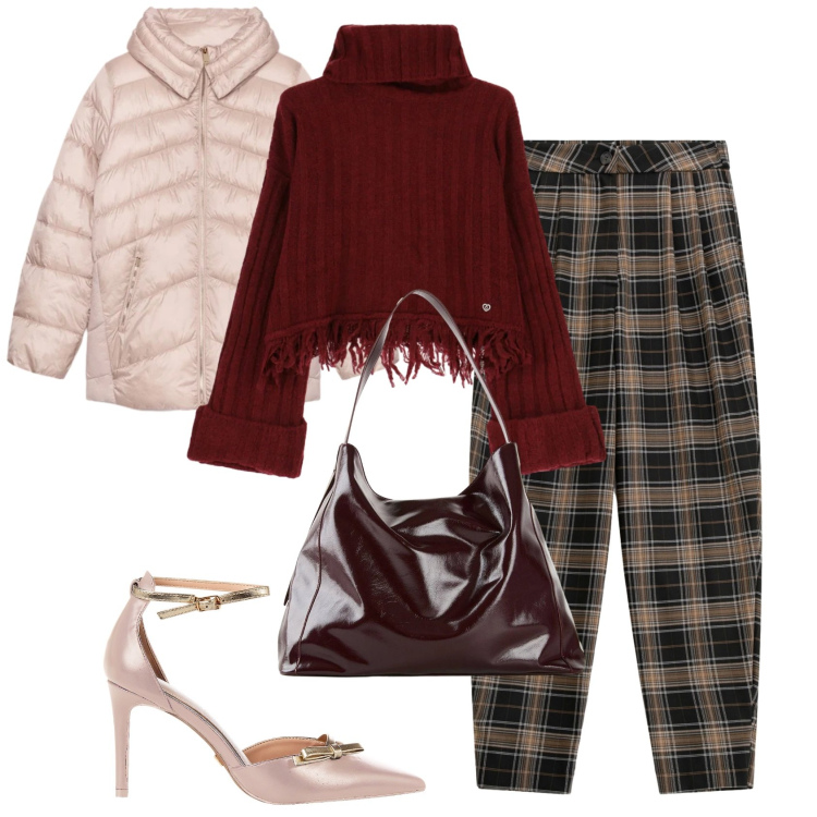 Outfit donna - La décolleté con fiocchetto. Stile Bon Ton per Tutti i giorni. Abbinamento con shopping bag, pantaloni, décolleté, maglieria, piumini.