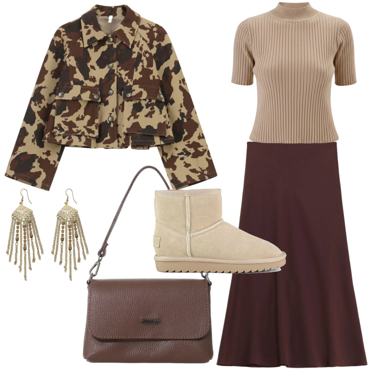 Outfit donna - La giacca mimetica. Stile Glamour per Tutti i giorni. Abbinamento con gonne longuette, cappotti, borse a tracolla, orecchini, pullovers, stivali.