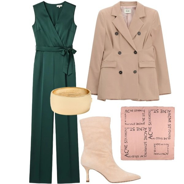 Outfit donna - Cerimonia di primavera. Stile Bon Ton per Cerimonia. Abbinamento con stivaletti, sciarpe, blazer, tute, braccialetti.