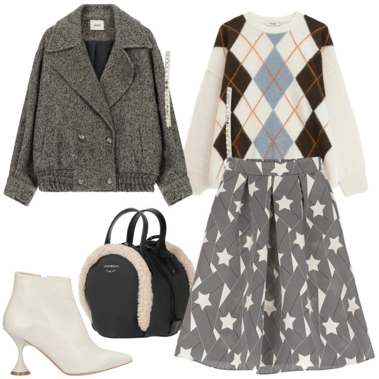 Outfit donna - Rombi e stelle. Stile Romantica per Tutti i giorni. Abbinamento con zaini, stivaletti, gonne lunghe, cappotti, maglieria, orecchini.