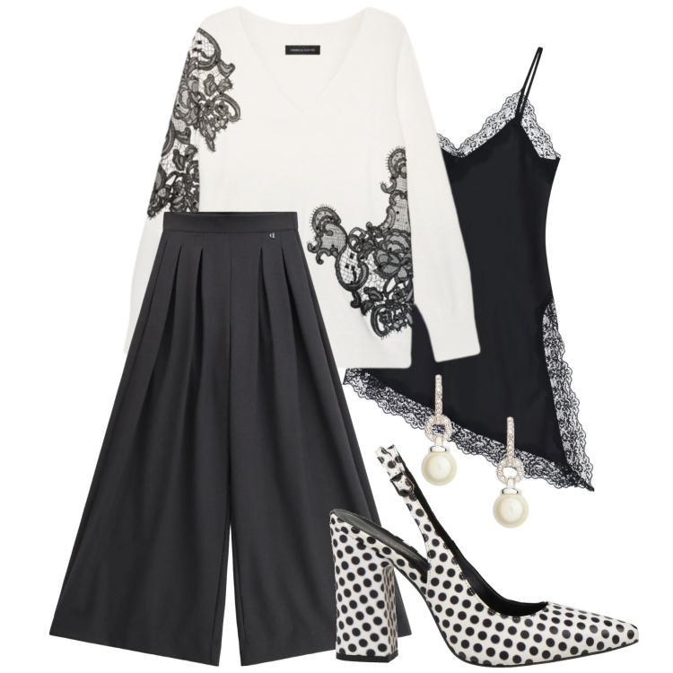 Outfit donna - Bianco e nero. Stile Glamour per Tutti i giorni. Abbinamento con décolleté, top, pantaloni a palazzo, orecchini, maglieria.