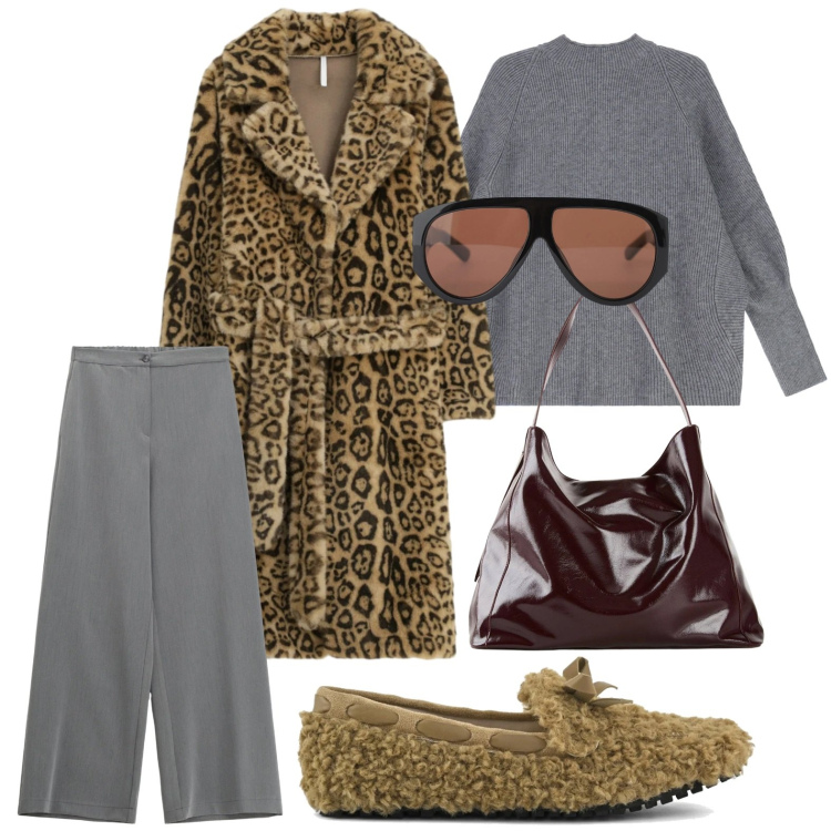 Outfit donna - Maculato avvolgente. Stile Minimal per Ufficio. Abbinamento con shopping bag, cappotti, occhiali da sole, pantaloni a palazzo, maglieria, mocassini.