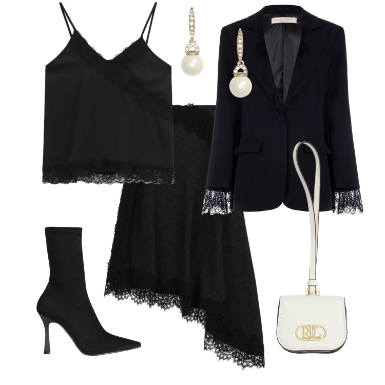Outfit donna - Pizzo romantico e nero seducente. Stile Romantica per Serata fuori. Abbinamento con stivaletti, gonne lunghe, top, blazer, orecchini, pochette.