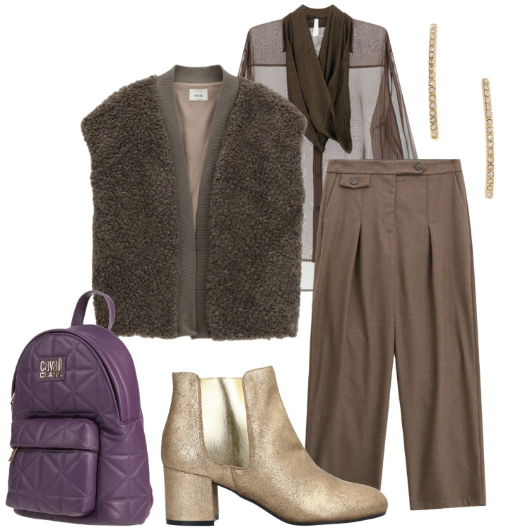 Outfit donna - Con lo zainetto. Stile Sporty chic per Tutti i giorni. Abbinamento con zaini, stivaletti chelsea, camicie, gilet, pantaloni, orecchini.