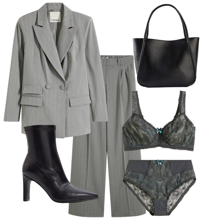Outfit donna - Sotto il tailleur. Stile Mannish per Ufficio. Abbinamento con shopping bag, culotte, reggiseni, pantaloni a palazzo, stivaletti, blazer.