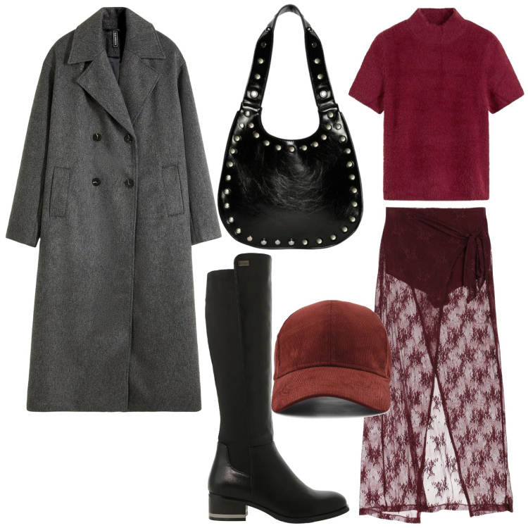 Outfit donna - Trasparenze bordeaux. Stile Minimal per Serata fuori. Abbinamento con maglieria, cappotti, stivali sopra il ginocchio, gonne lunghe, cappelli con visiera, borse a spalla.