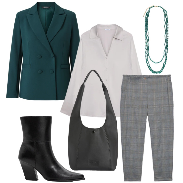 Outfit donna - Un filo di perle. Stile Minimal per Ufficio. Abbinamento con stivaletti, blazer, borse a spalla, pantaloni, collane, camicie.