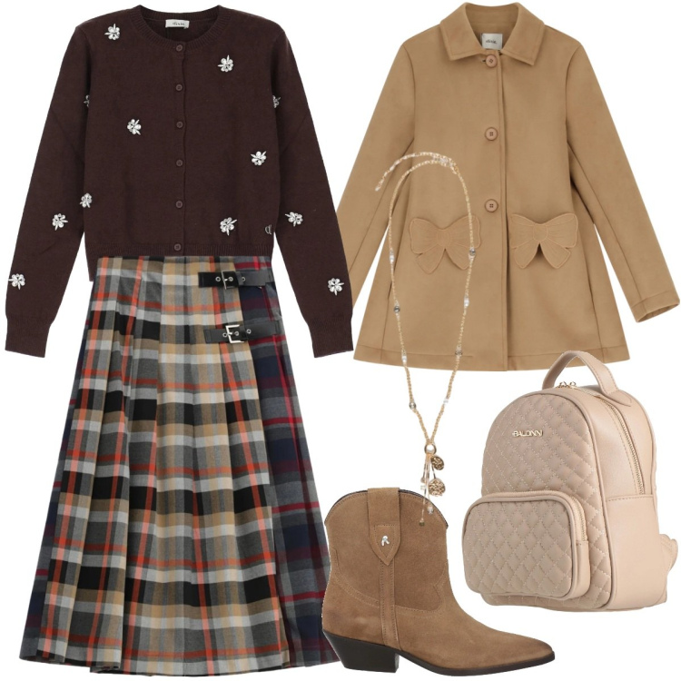 Outfit donna - Dettagli floreali e gonna scozzese. Stile Romantica per Tutti i giorni. Abbinamento con zaini, stivaletti texani, cappotti, gonne lunghe, cardigans, ciondoli.