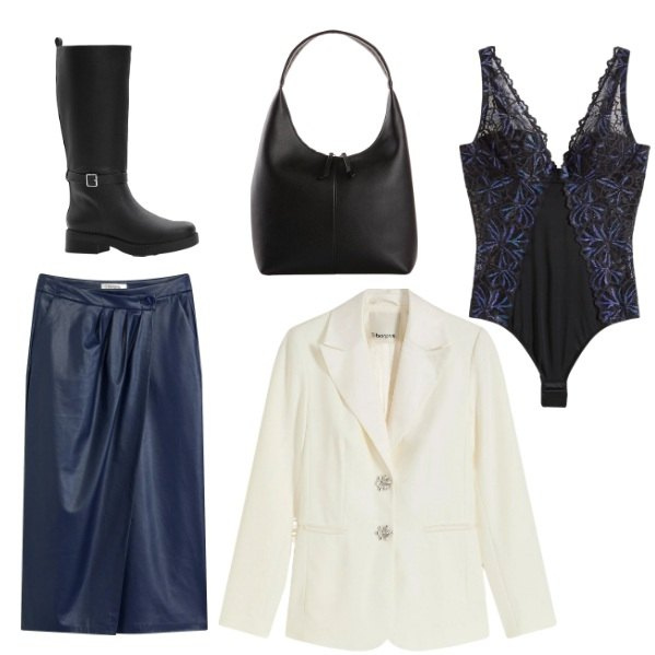 Outfit donna - Total look #2331634. Stile Chic per Serata fuori. Abbinamento con gonne longuette, blazer, shopping bag, body, stivali.