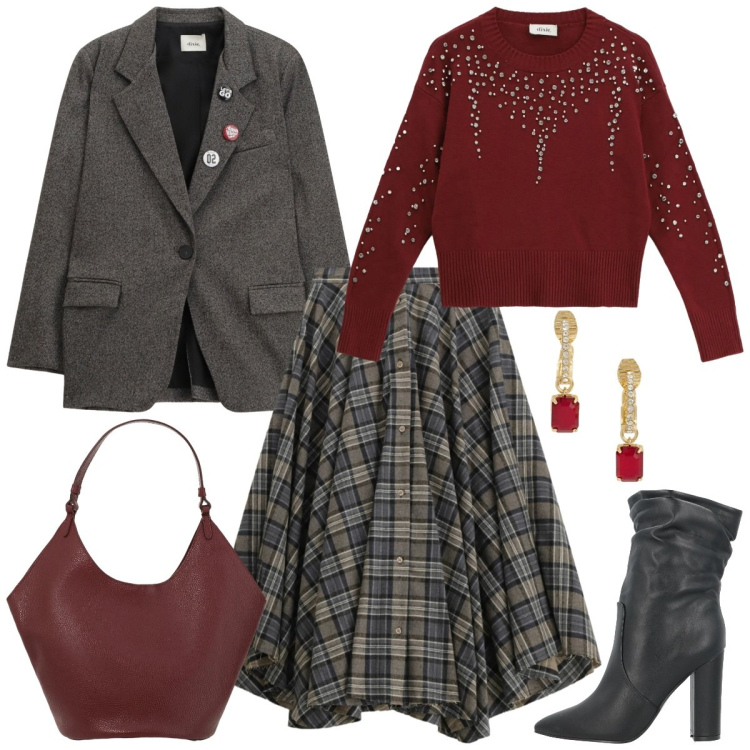 Outfit donna - Total look #2331637. Stile Casual chic per Serata fuori. Abbinamento con stivaletti, maglieria, borse a spalla, blazer, gonne lunghe, orecchini.