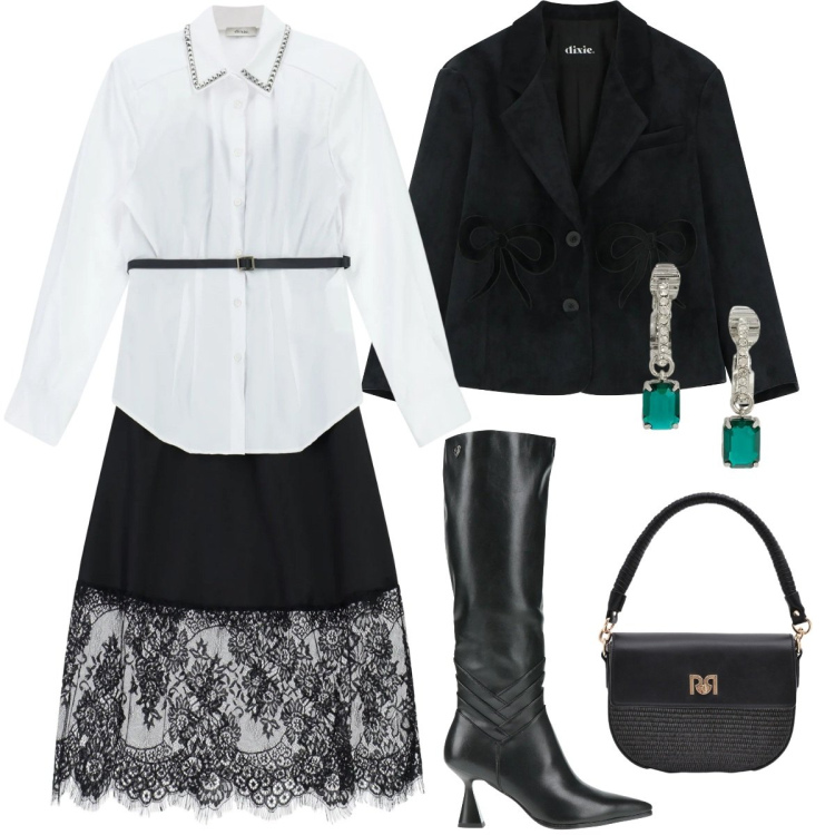 Outfit donna - Total look #2331640. Stile Casual chic per Serata fuori. Abbinamento con stivali, vestiti midi/longuette, blazer, borse a spalla, orecchini.