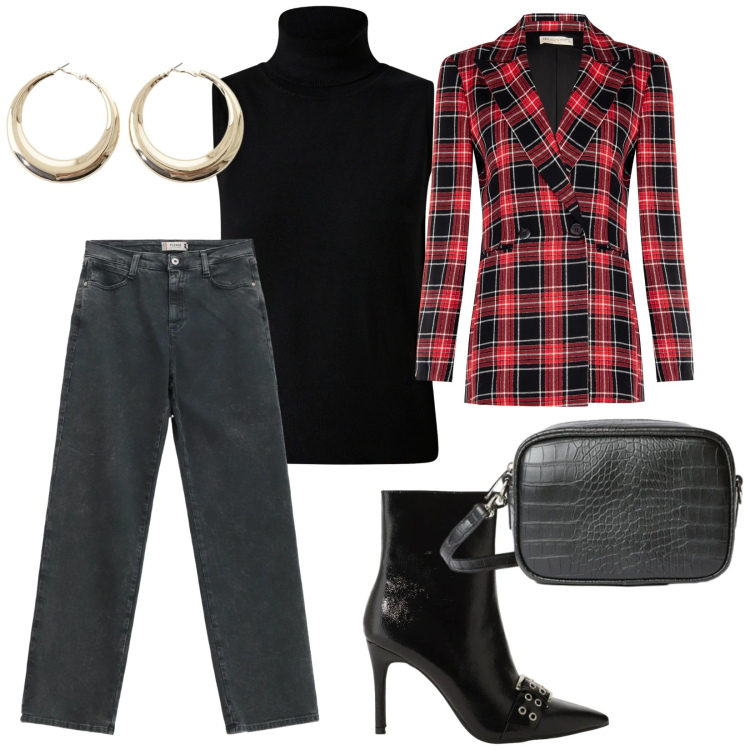 Outfit donna - San Valentino. per Serata fuori. Abbinamento con stivaletti, orecchini, blazer, maglieria, jeans dritti, borse a tracolla.