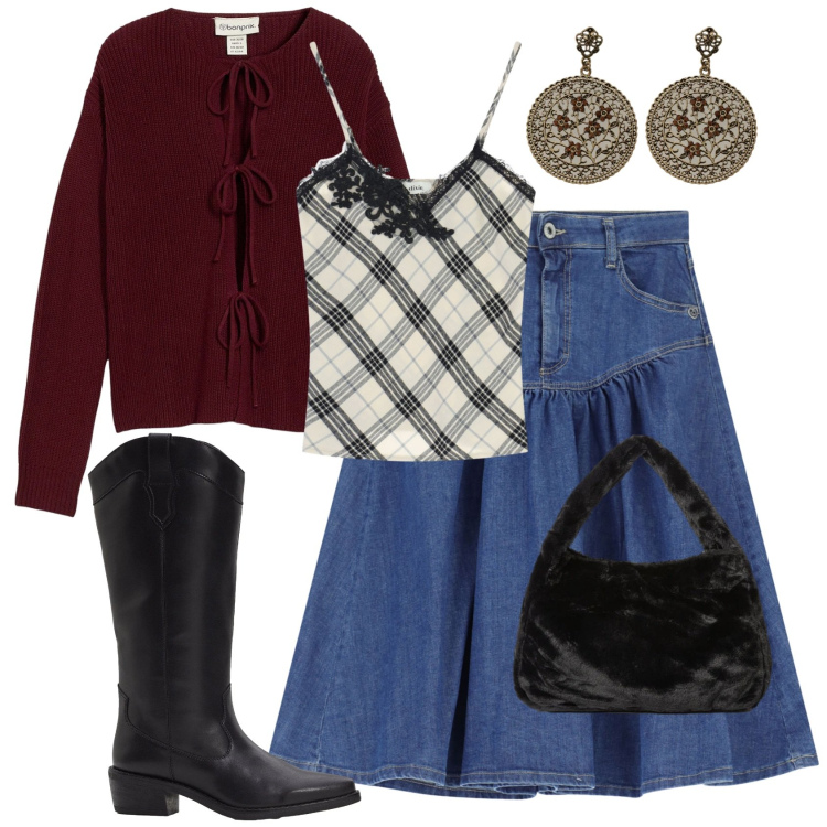 Outfit donna - Allure country. Stile Romantica per Tutti i giorni. Abbinamento con cardigans, stivali, top, orecchini, gonne longuette, borse a spalla.