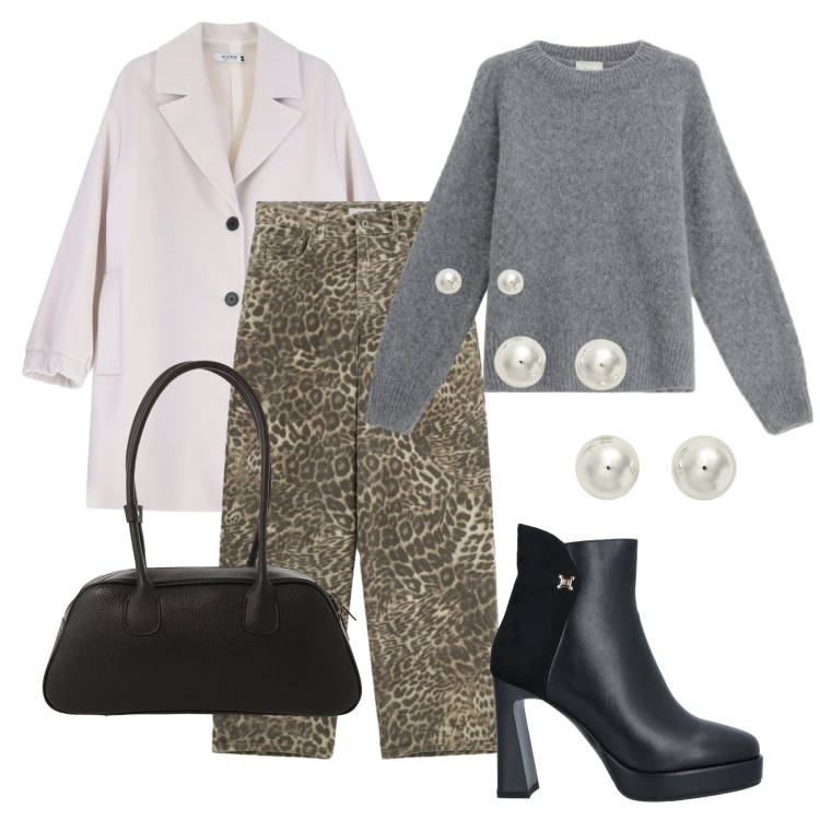 Outfit donna - Animalier per l’ufficio. Stile Casual per Tutti i giorni. Abbinamento con stivaletti, borse a mano, maglieria, pantaloni a palazzo, cappotti, orecchini.