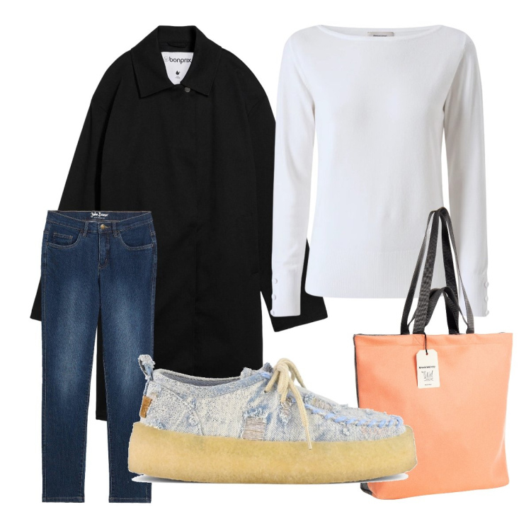 Outfit donna - Pranzo fuori con le amiche. Stile Basic per Tutti i giorni. Abbinamento con trench, jeans dritti, pullovers, borse tote, mocassini.