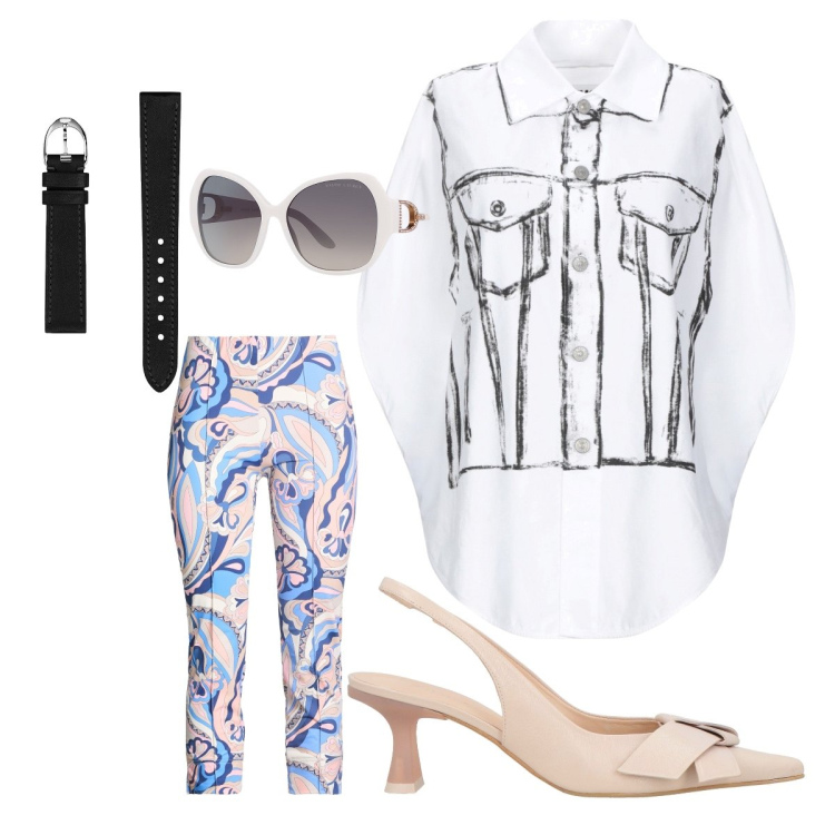 Outfit donna - Eccentrica. Stile Glamour per Tutti i giorni. Abbinamento con camicie a manica corta, décolleté, leggings, occhiali da sole, orologi.