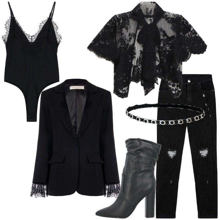 Outfit donna - San Valentino rock. Stile Rock per Serata fuori. Abbinamento con stivaletti, top, body, blazer, cinture, jeans skinny.