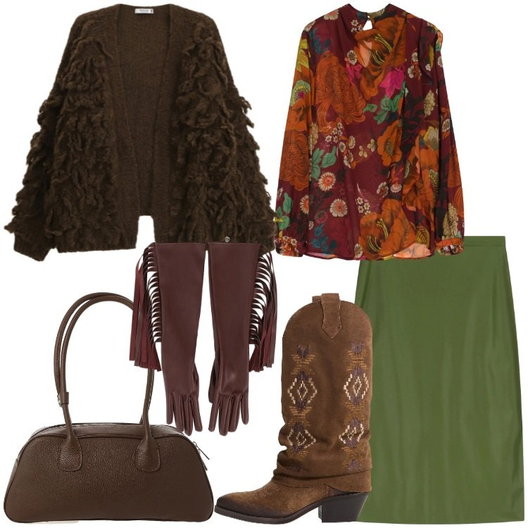 Outfit donna - Il fascino dei dettagli. Stile Etnico per Tutti i giorni. Abbinamento con camicie, gonne longuette, guanti, stivali, borse a mano, cardigans.