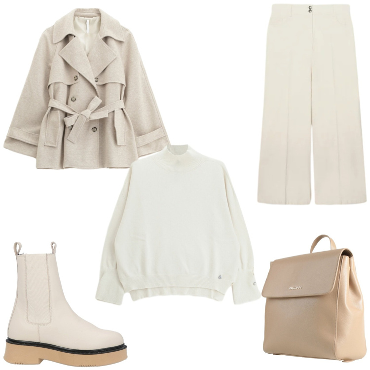 Outfit donna - Look caldo e morbido. Stile Chic per Tutti i giorni. Abbinamento con zaini, stivaletti, trench, maglieria, pantaloni chino.