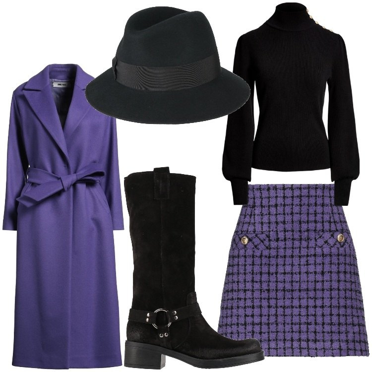 Outfit donna - Viola per me. Stile Chic per Serata fuori. Abbinamento con cappelli, minigonne, stivali, cappotti, maglieria.