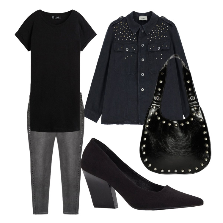 Outfit donna - Nero dappertutto. Stile Rock per Tutti i giorni. Abbinamento con t-shirt, décolleté, cappotti, borse a spalla, jeans skinny.