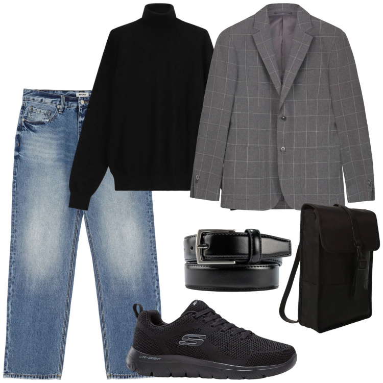Outfit uomo - A lavoro. per Ufficio. Abbinamento con sneakers, jeans, borse sportive, maglieria, cinture, giacche.