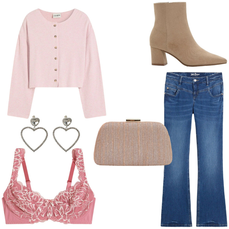 Outfit donna - Serata romantica. Stile Romantica per Serata fuori. Abbinamento con jeans bootcut, cardigans, stivaletti, reggiseni, orecchini, pochette.