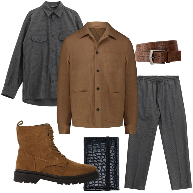 Outfit uomo - Overshirt H24. Stile Trendy per Tutti i giorni. Abbinamento con cinture, pantaloni, camicie, anfibi, cappotti, portafogli.