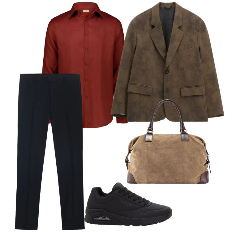 Outfit uomo - La borsa. per Ufficio. Abbinamento con sneakers, giacche, borse sportive, camicie, pantaloni.