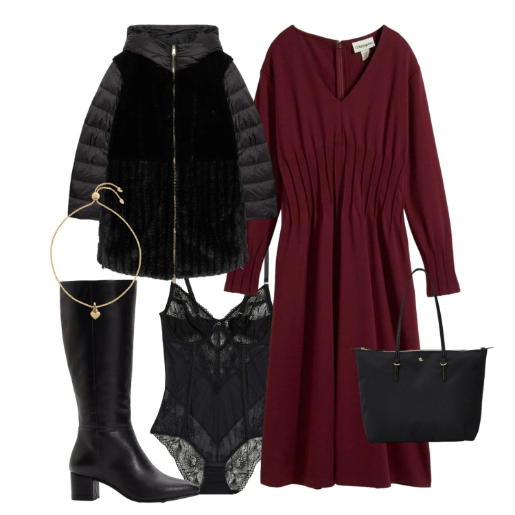 Outfit donna - Volumi che accarezzano le forme. Stile Casual chic per Ufficio. Abbinamento con body, stivali, vestiti, borse tote, braccialetti, piumini.